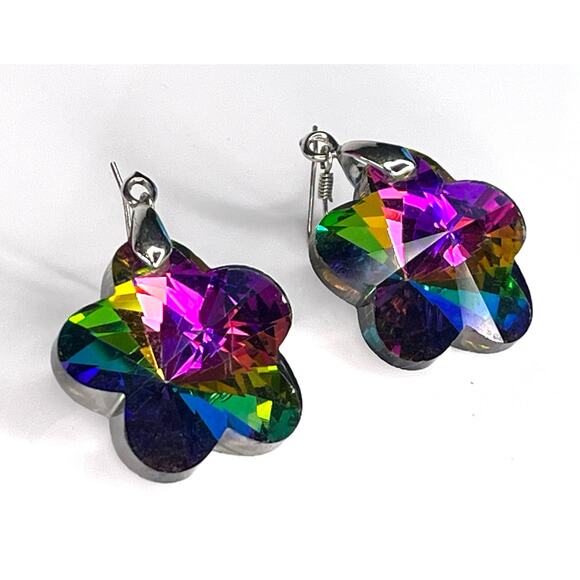 VTG y2k Multi Color FLOWER EARRINGS 2" Rainbow Light Reflects Glass Dangle Drop - Picture 3 of 6